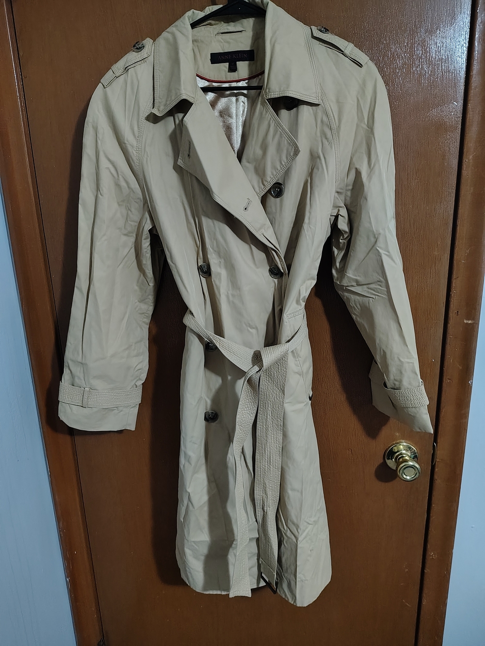 Anne Klein Light Beige Double-Breasted Trench Coat with Belt